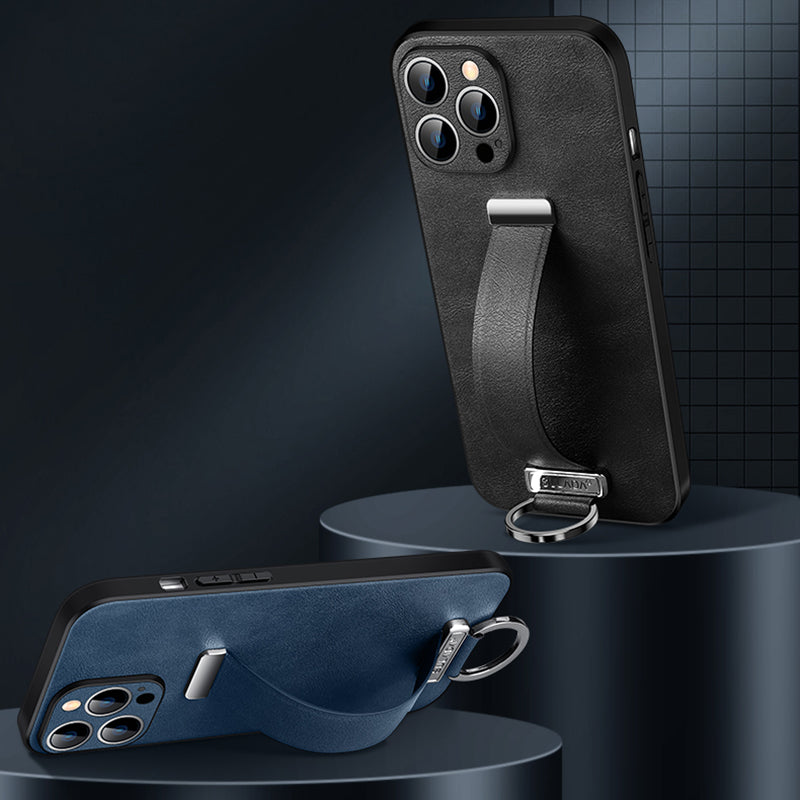 SULADA Shockproof Phone Cover for iPhone 13 Pro 6.1 inch Fashion Series Anti-fall Crazy Horse Texture PU Leather Coated Mobile Phone Case with Wristband Adjustable Strap