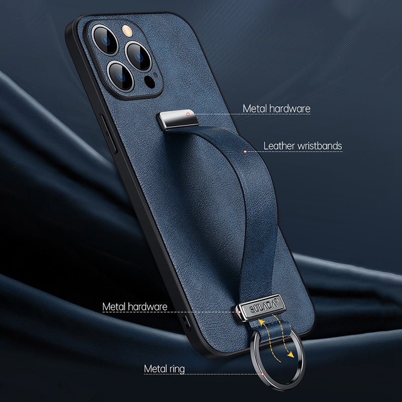 SULADA Shockproof Phone Cover for iPhone 13 Pro 6.1 inch Fashion Series Anti-fall Crazy Horse Texture PU Leather Coated Mobile Phone Case with Wristband Adjustable Strap