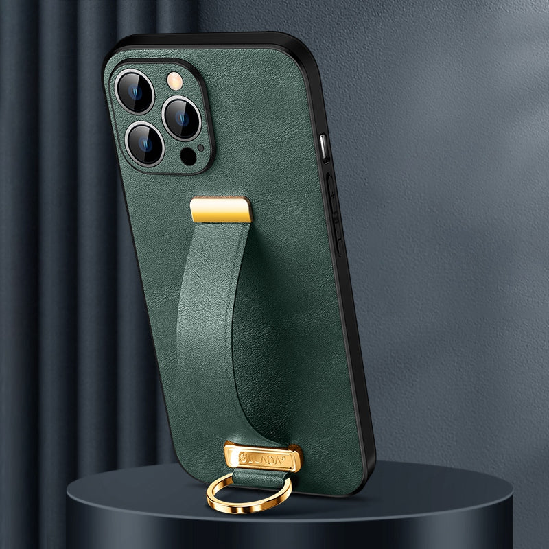 SULADA Shockproof Phone Cover for iPhone 13 Pro 6.1 inch Fashion Series Anti-fall Crazy Horse Texture PU Leather Coated Mobile Phone Case with Wristband Adjustable Strap