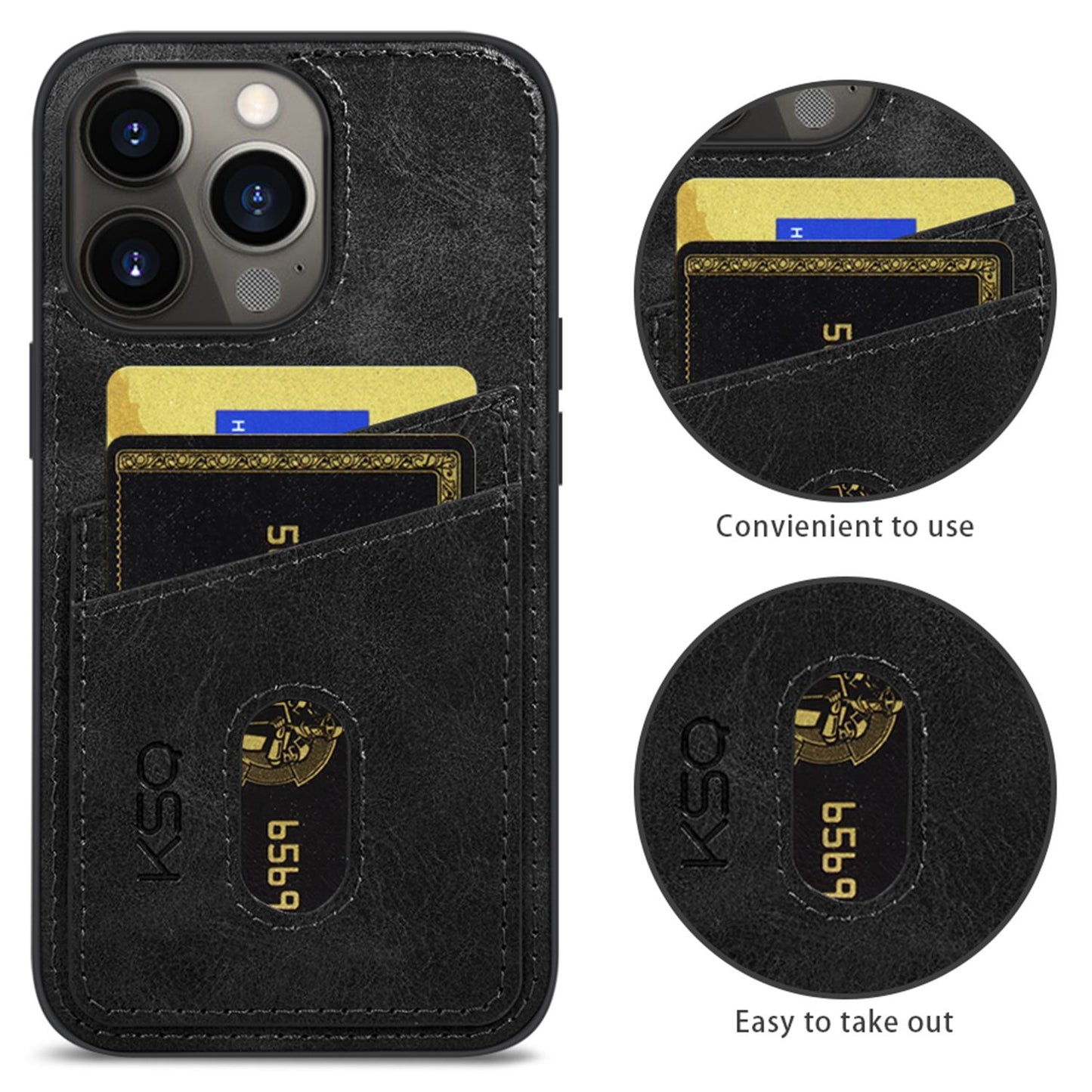 KSQ 003 Series for iPhone 13 Pro 6.1 inch Card Slots Design Scratch-resistant Protective Case PU Leather Coated PC+TPU Hybrid Phone Shell