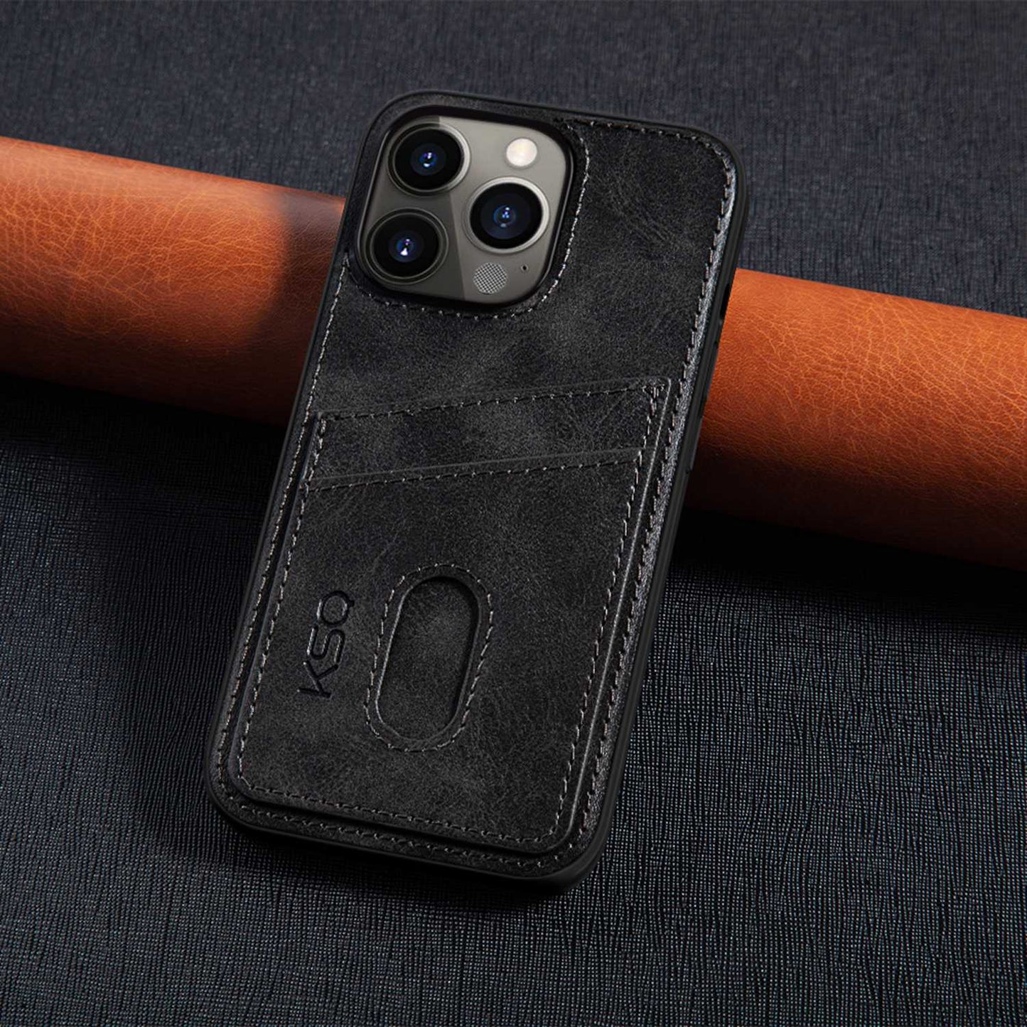 KSQ 003 Series for iPhone 13 Pro 6.1 inch Card Slots Design Scratch-resistant Protective Case PU Leather Coated PC+TPU Hybrid Phone Shell