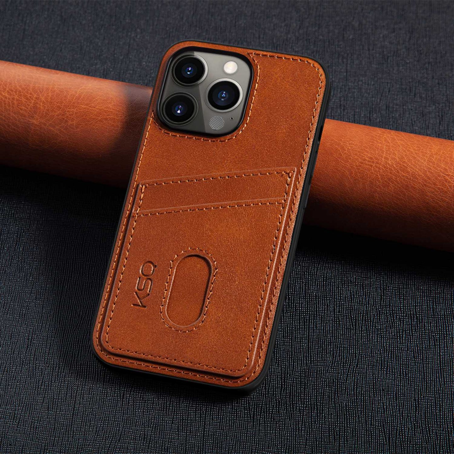KSQ 003 Series for iPhone 13 Pro 6.1 inch Card Slots Design Scratch-resistant Protective Case PU Leather Coated PC+TPU Hybrid Phone Shell