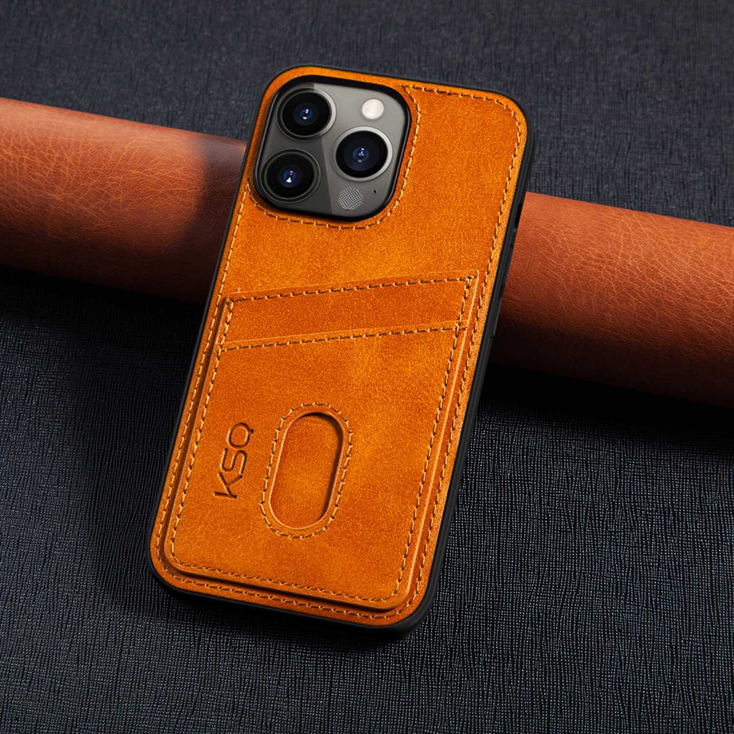 KSQ 003 Series for iPhone 13 Pro 6.1 inch Card Slots Design Scratch-resistant Protective Case PU Leather Coated PC+TPU Hybrid Phone Shell