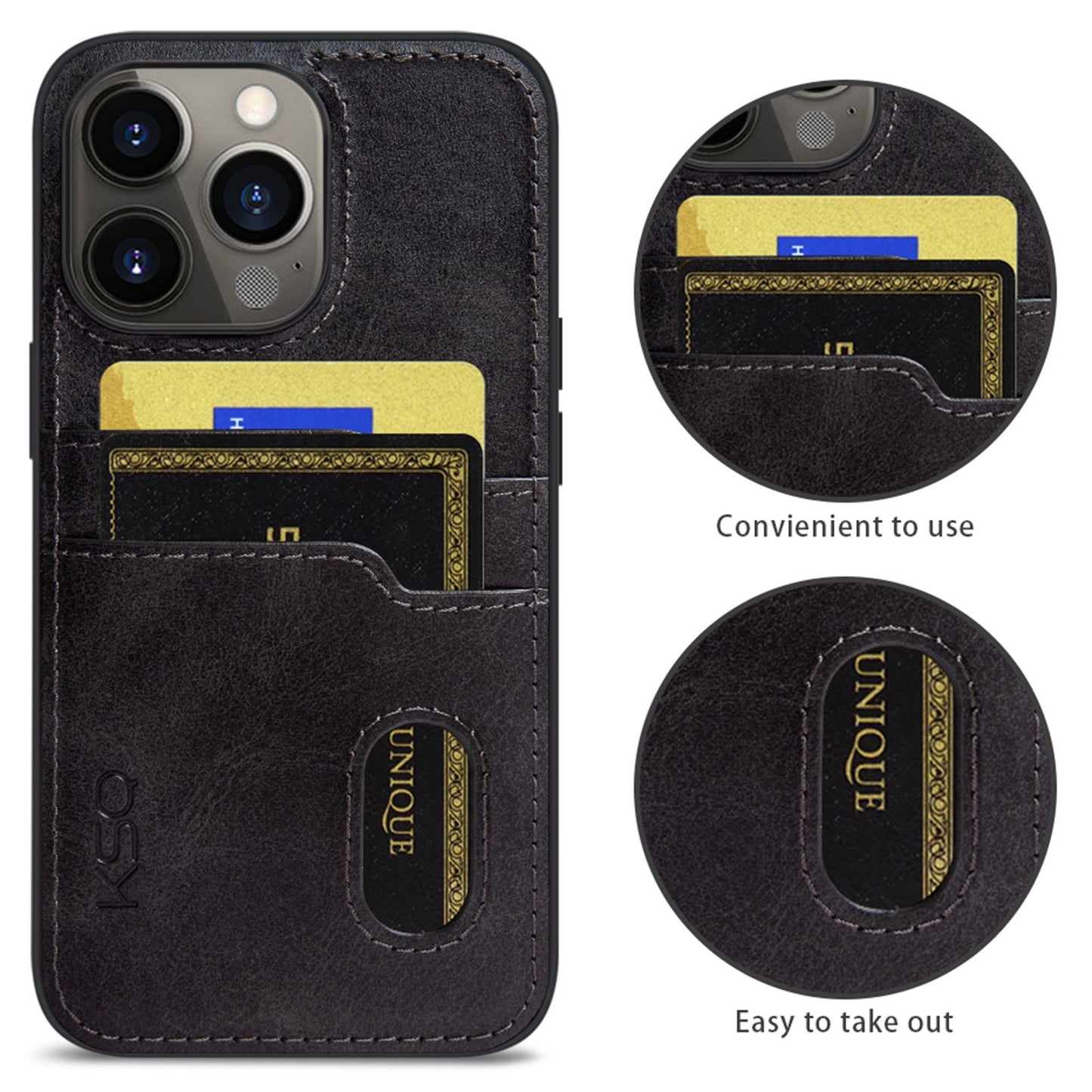 KSQ 002 Series for iPhone 13 Pro 6.1 inch Card Slots All-inclusive Protection Cell Phone Case PU Leather Coated PC+TPU Hybrid Shell