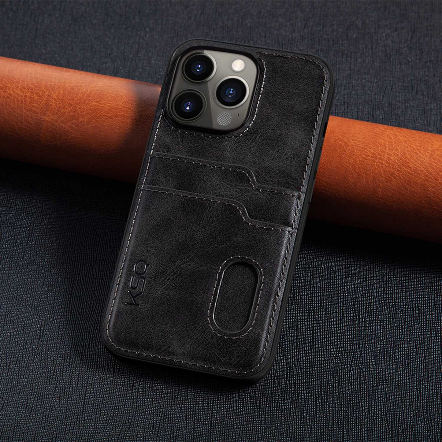 KSQ 002 Series for iPhone 13 Pro 6.1 inch Card Slots All-inclusive Protection Cell Phone Case PU Leather Coated PC+TPU Hybrid Shell