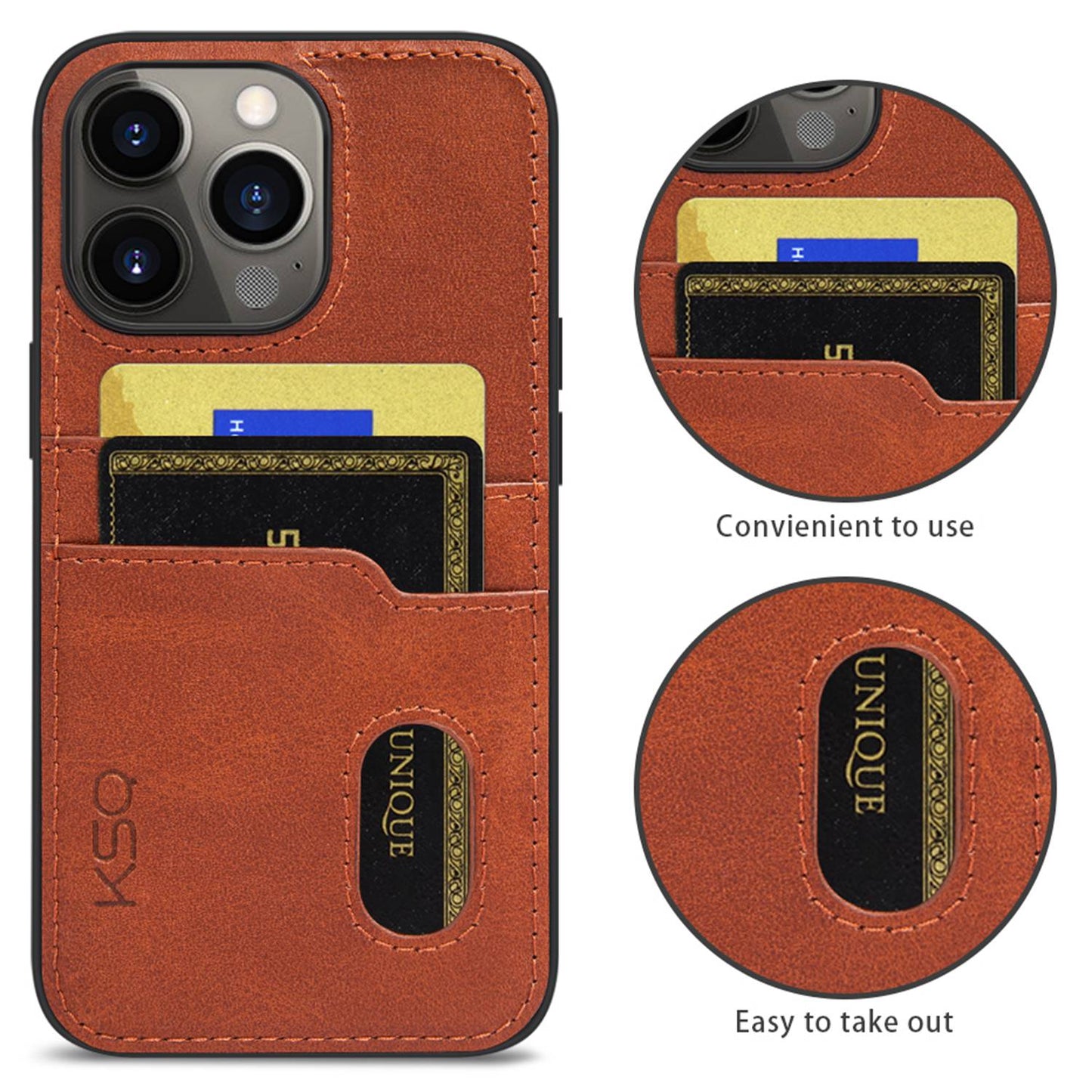 KSQ 002 Series for iPhone 13 Pro 6.1 inch Card Slots All-inclusive Protection Cell Phone Case PU Leather Coated PC+TPU Hybrid Shell
