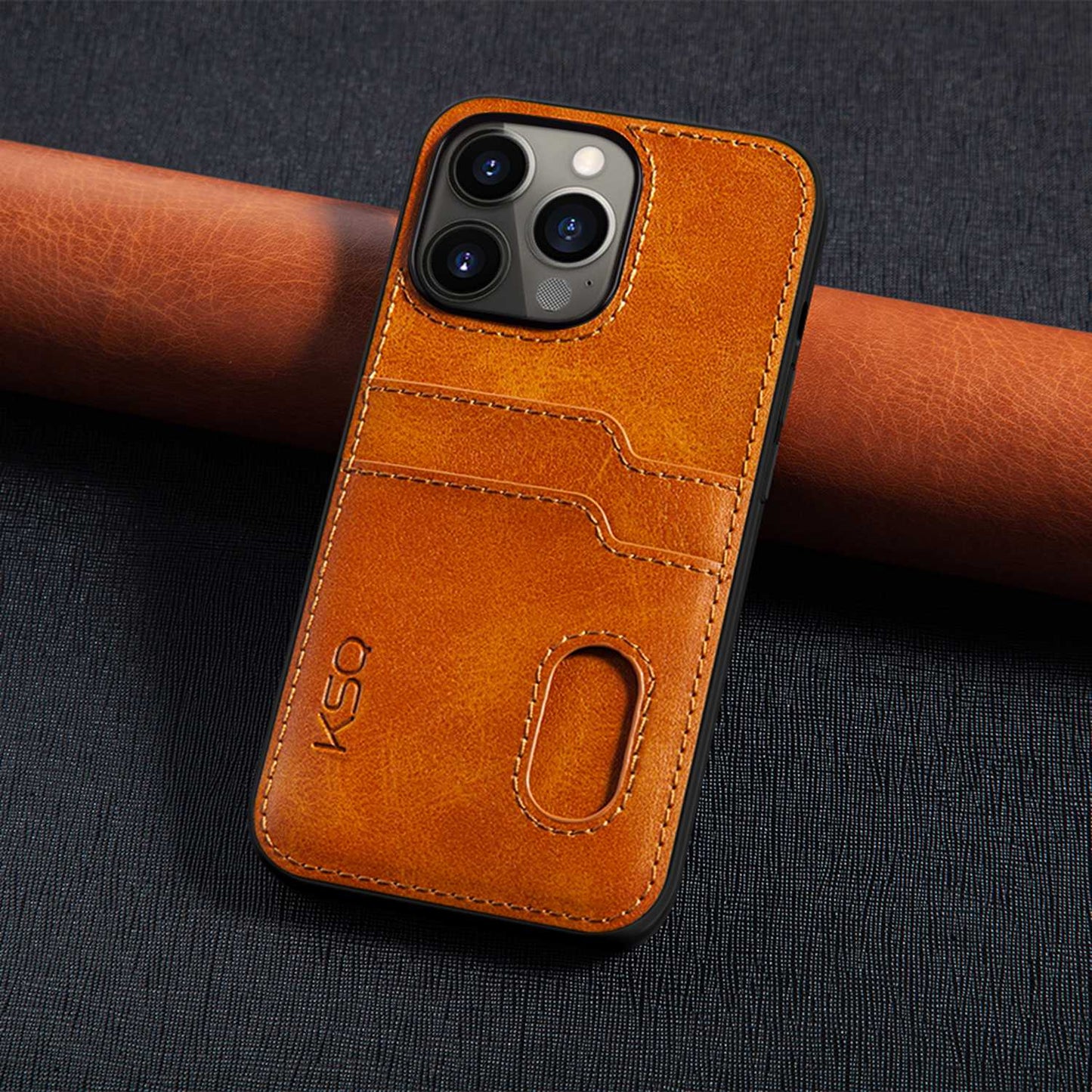 KSQ 002 Series for iPhone 13 Pro 6.1 inch Card Slots All-inclusive Protection Cell Phone Case PU Leather Coated PC+TPU Hybrid Shell