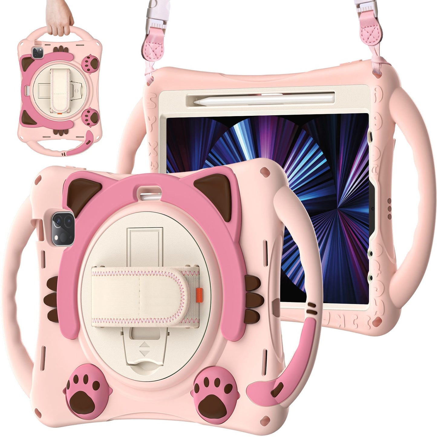 For iPad Air (2022)/(2020)/iPad Pro 11-inch (2021)/(2020)/(2018) Hand Strap Holder Protective Case PC + Silicone Kickstand Cover with Shoulder Strap and Pencil Holder