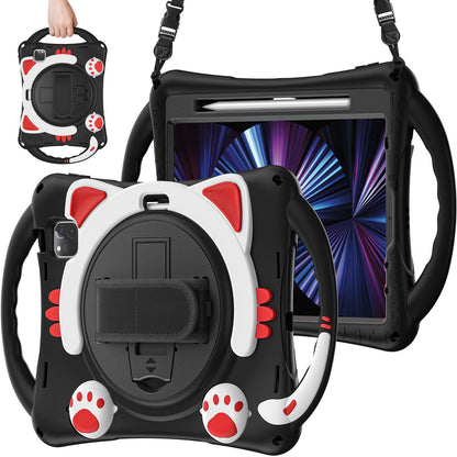 For iPad Air (2022)/(2020)/iPad Pro 11-inch (2021)/(2020)/(2018) Hand Strap Holder Protective Case PC + Silicone Kickstand Cover with Shoulder Strap and Pencil Holder