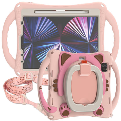 For iPad Air (2022)/(2020)/iPad Pro 11-inch (2021)/(2020)/(2018) Rotating Kickstand Design PC + Silicone Case Handle Grip Shockproof Cover with Shoulder Strap and Pencil Holder