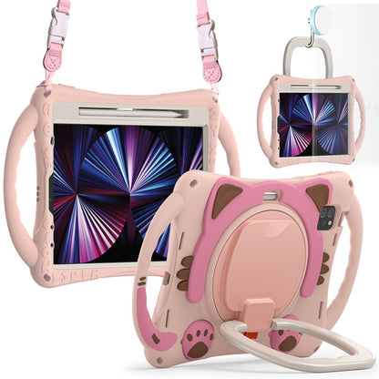 For iPad Air (2022)/(2020)/iPad Pro 11-inch (2021)/(2020)/(2018) Rotating Kickstand Design PC + Silicone Case Handle Grip Shockproof Cover with Shoulder Strap and Pencil Holder
