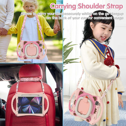 For iPad Air (2022)/(2020)/iPad Pro 11-inch (2021)/(2020)/(2018) Rotating Kickstand Design PC + Silicone Case Handle Grip Shockproof Cover with Shoulder Strap and Pencil Holder