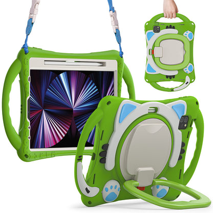 For iPad Air (2022)/(2020)/iPad Pro 11-inch (2021)/(2020)/(2018) Rotating Kickstand Design PC + Silicone Case Handle Grip Shockproof Cover with Shoulder Strap and Pencil Holder
