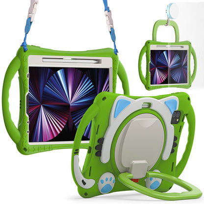 For iPad Air (2022)/(2020)/iPad Pro 11-inch (2021)/(2020)/(2018) Rotating Kickstand Design PC + Silicone Case Handle Grip Shockproof Cover with Shoulder Strap and Pencil Holder