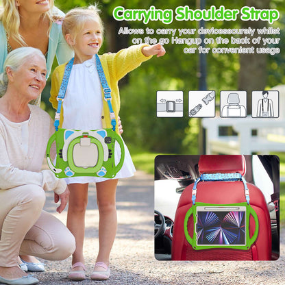 For iPad Air (2022)/(2020)/iPad Pro 11-inch (2021)/(2020)/(2018) Rotating Kickstand Design PC + Silicone Case Handle Grip Shockproof Cover with Shoulder Strap and Pencil Holder