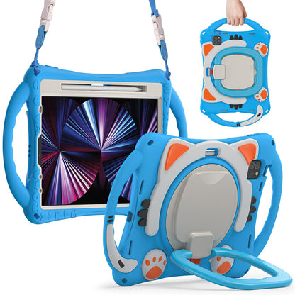 For iPad Air (2022)/(2020)/iPad Pro 11-inch (2021)/(2020)/(2018) Rotating Kickstand Design PC + Silicone Case Handle Grip Shockproof Cover with Shoulder Strap and Pencil Holder