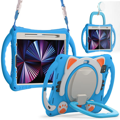 For iPad Air (2022)/(2020)/iPad Pro 11-inch (2021)/(2020)/(2018) Rotating Kickstand Design PC + Silicone Case Handle Grip Shockproof Cover with Shoulder Strap and Pencil Holder