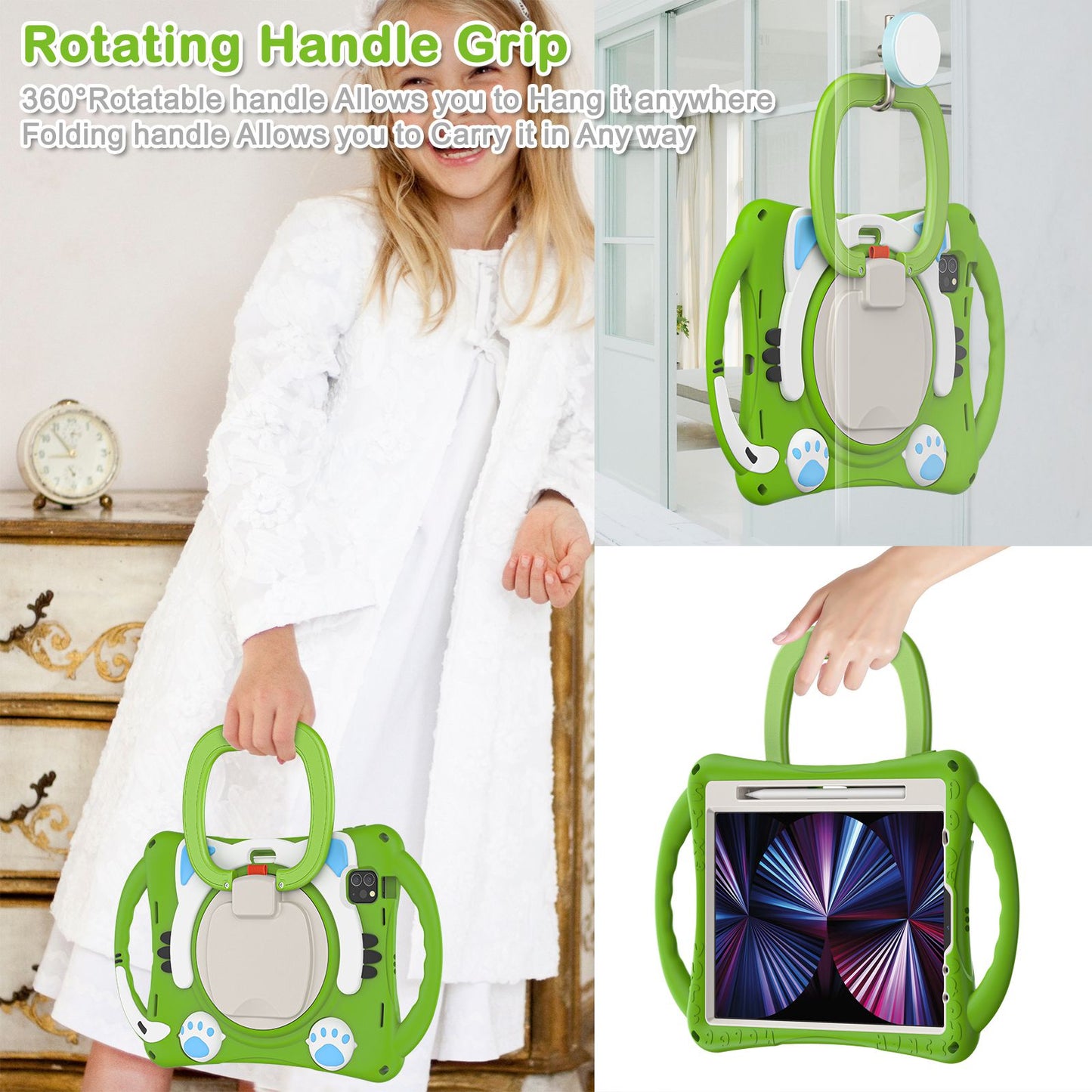 For iPad Air (2022)/(2020)/iPad Pro 11-inch (2021)/(2020)/(2018) PC + Silicone Rotating Kickstand Handle Grip Case Rugged Impact Drop Protection Cover with Pencil Holder
