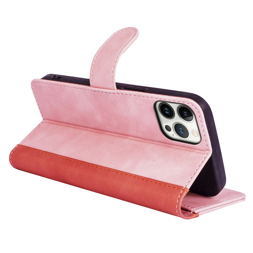 For iPhone 13 Pro 6.1 inch Color Splicing Shock Absorbing PU Leather + TPU Phone Case Protector with Stand Wallet