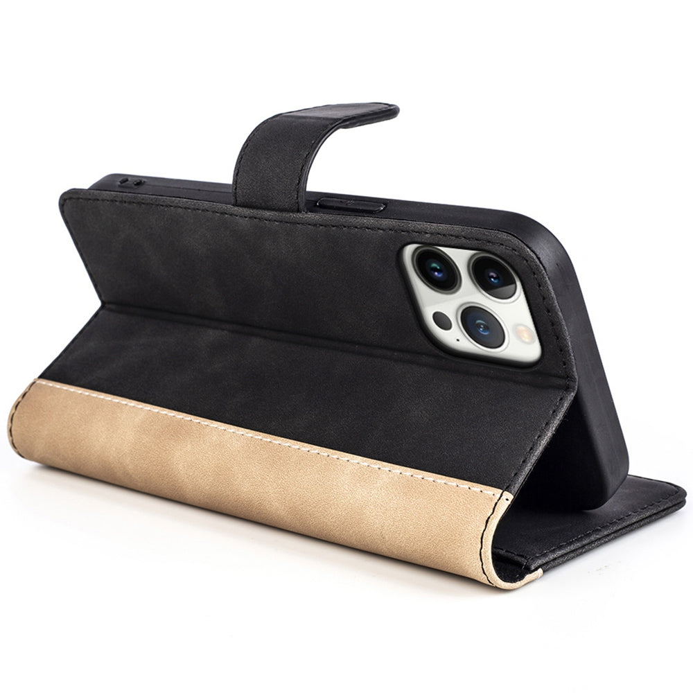 For iPhone 13 Pro 6.1 inch Color Splicing Shock Absorbing PU Leather + TPU Phone Case Protector with Stand Wallet