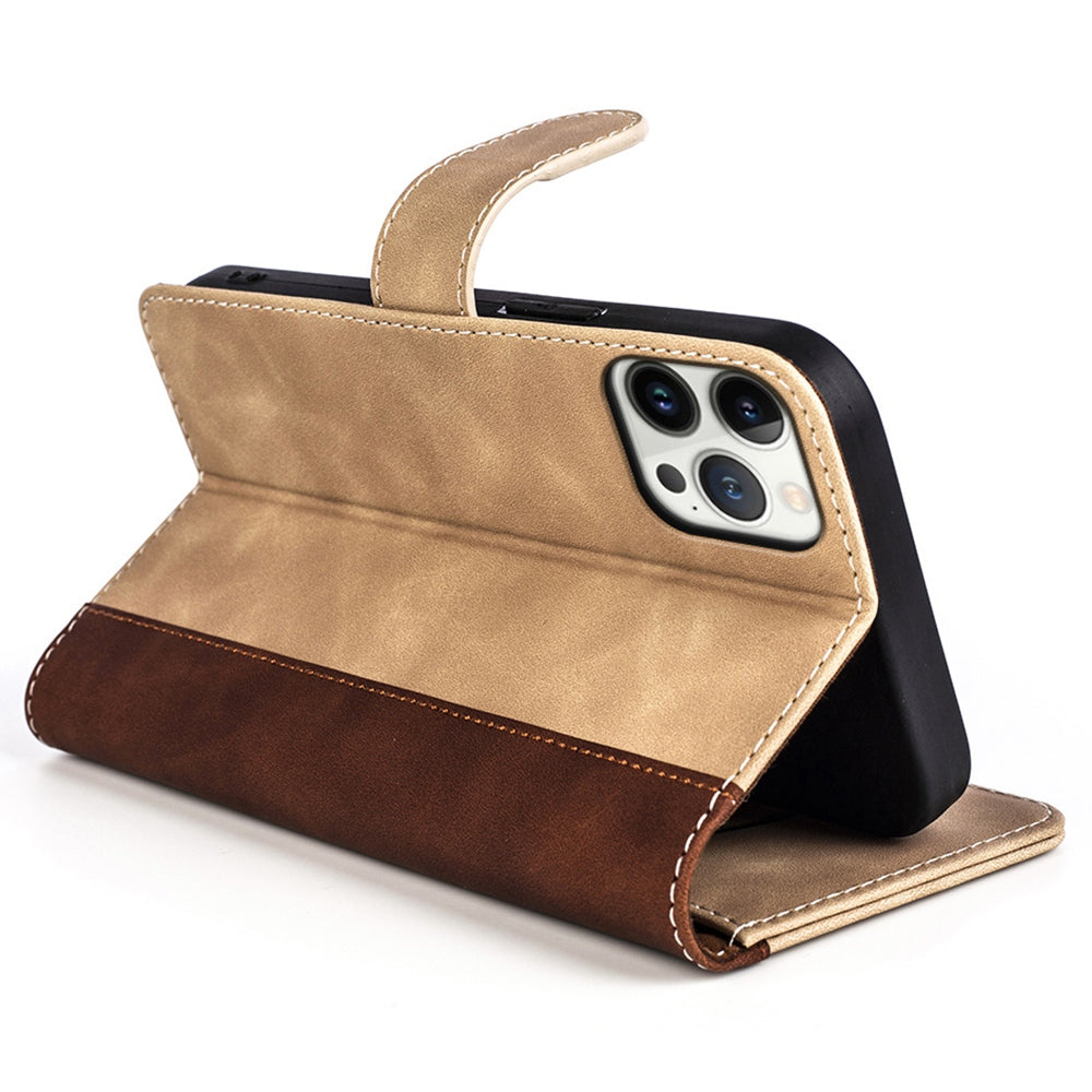 For iPhone 13 Pro 6.1 inch Color Splicing Shock Absorbing PU Leather + TPU Phone Case Protector with Stand Wallet