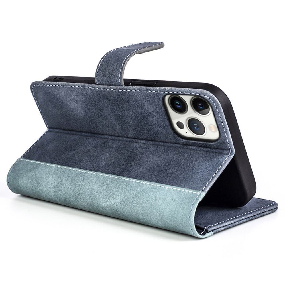 For iPhone 13 Pro 6.1 inch Color Splicing Shock Absorbing PU Leather + TPU Phone Case Protector with Stand Wallet
