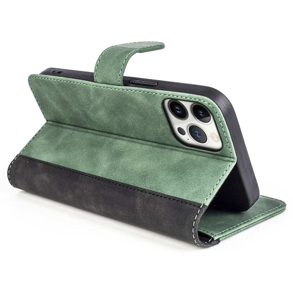 For iPhone 13 Pro 6.1 inch Color Splicing Shock Absorbing PU Leather + TPU Phone Case Protector with Stand Wallet