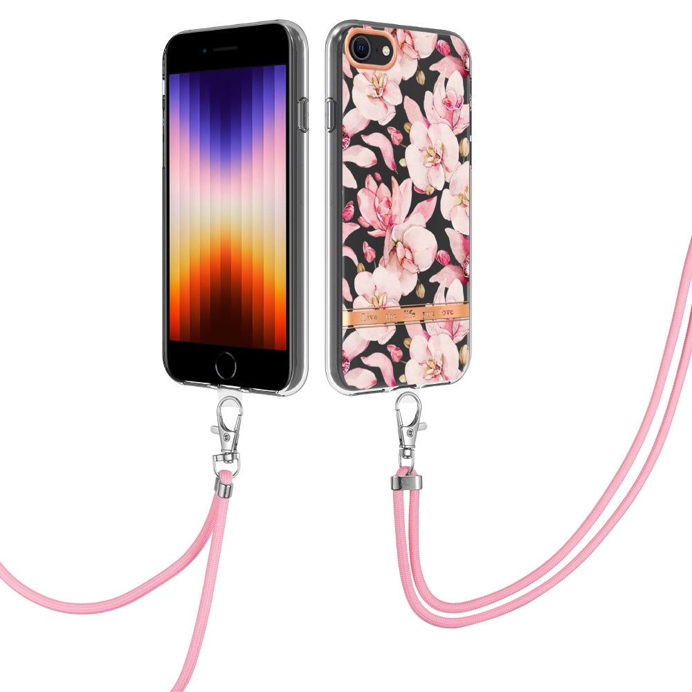YB IMD-11 Series Phone Case for iPhone SE (2020)/SE (2022)/7/8 4.7 inch, Soft TPU IML IMD Flower Pattern Electroplating Shell with Lanyard