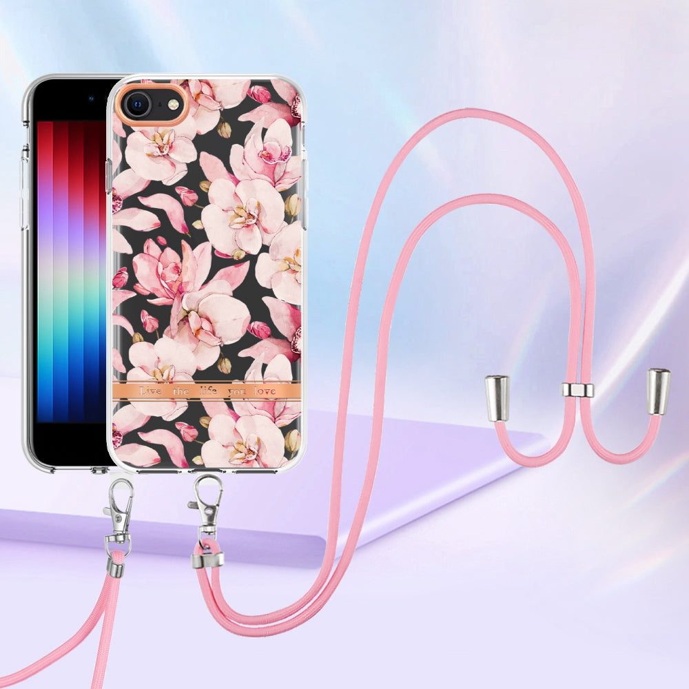 YB IMD-11 Series Phone Case for iPhone SE (2020)/SE (2022)/7/8 4.7 inch, Soft TPU IML IMD Flower Pattern Electroplating Shell with Lanyard