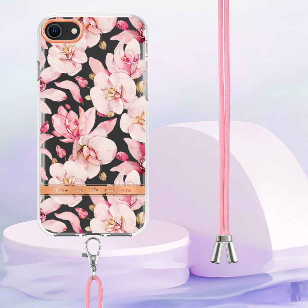 YB IMD-11 Series Phone Case for iPhone SE (2020)/SE (2022)/7/8 4.7 inch, Soft TPU IML IMD Flower Pattern Electroplating Shell with Lanyard