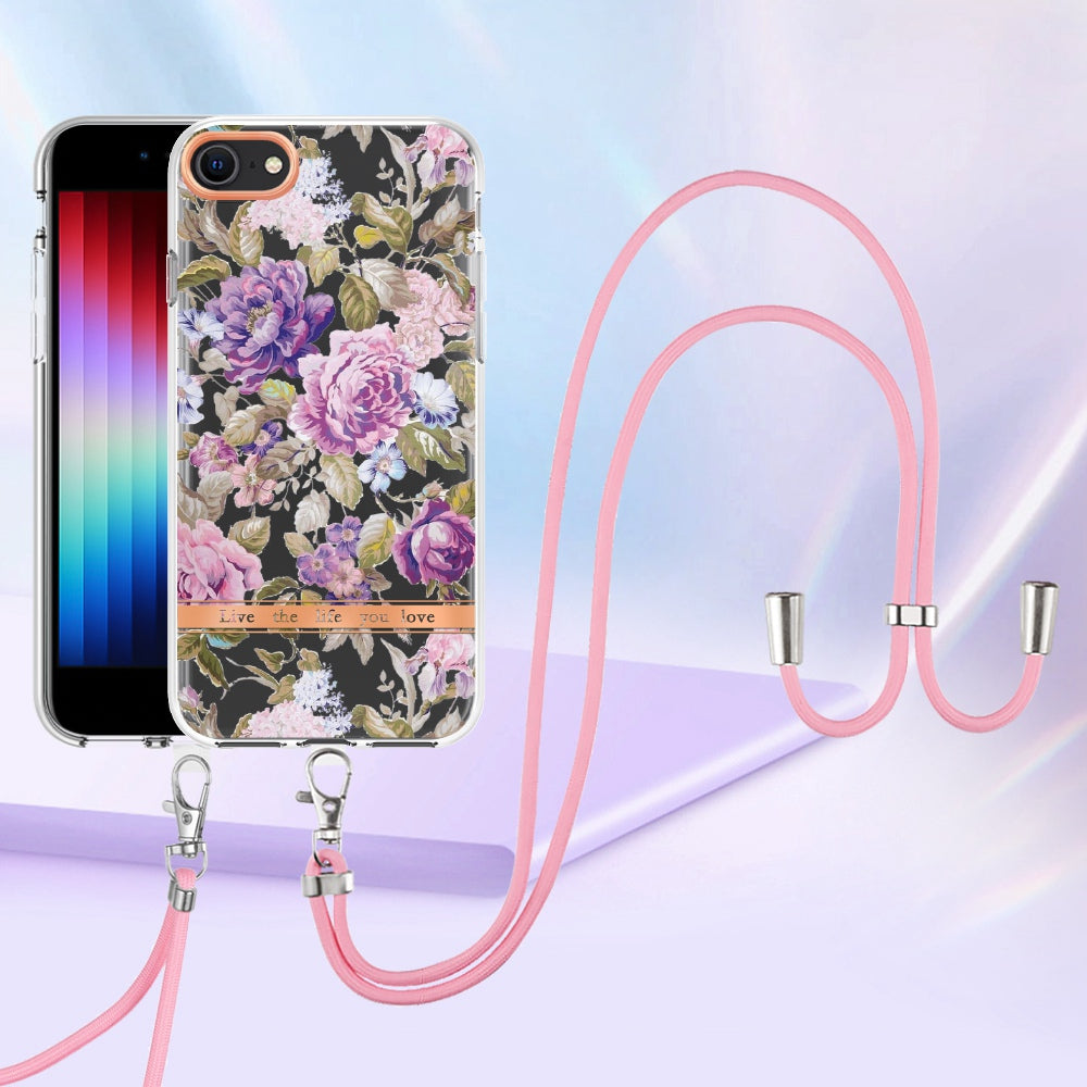YB IMD-11 Series Phone Case for iPhone SE (2020)/SE (2022)/7/8 4.7 inch, Soft TPU IML IMD Flower Pattern Electroplating Shell with Lanyard