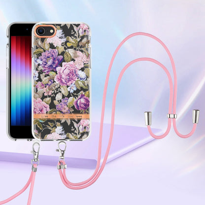 YB IMD-11 Series Phone Case for iPhone SE (2020)/SE (2022)/7/8 4.7 inch, Soft TPU IML IMD Flower Pattern Electroplating Shell with Lanyard