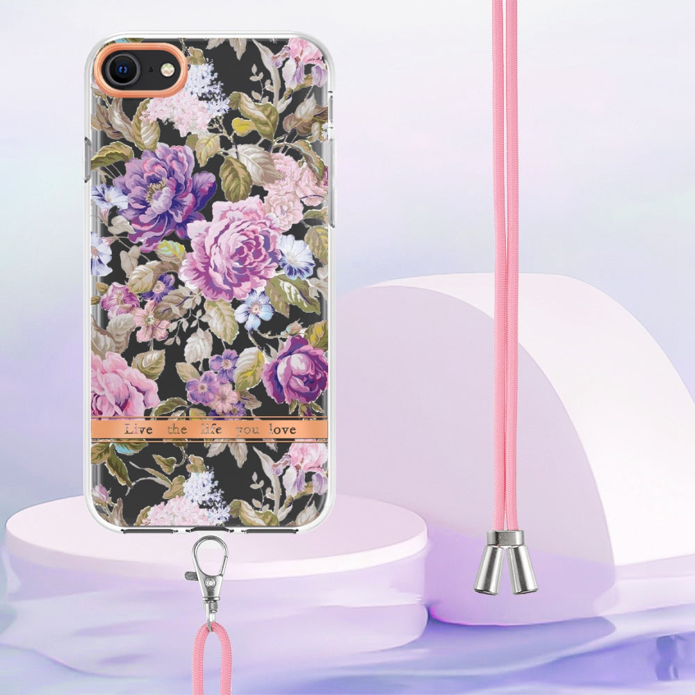 YB IMD-11 Series Phone Case for iPhone SE (2020)/SE (2022)/7/8 4.7 inch, Soft TPU IML IMD Flower Pattern Electroplating Shell with Lanyard