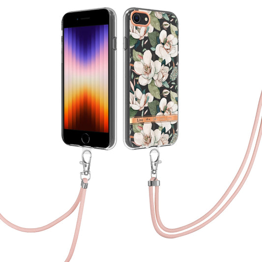 YB IMD-11 Series Phone Case for iPhone SE (2020)/SE (2022)/7/8 4.7 inch, Soft TPU IML IMD Flower Pattern Electroplating Shell with Lanyard