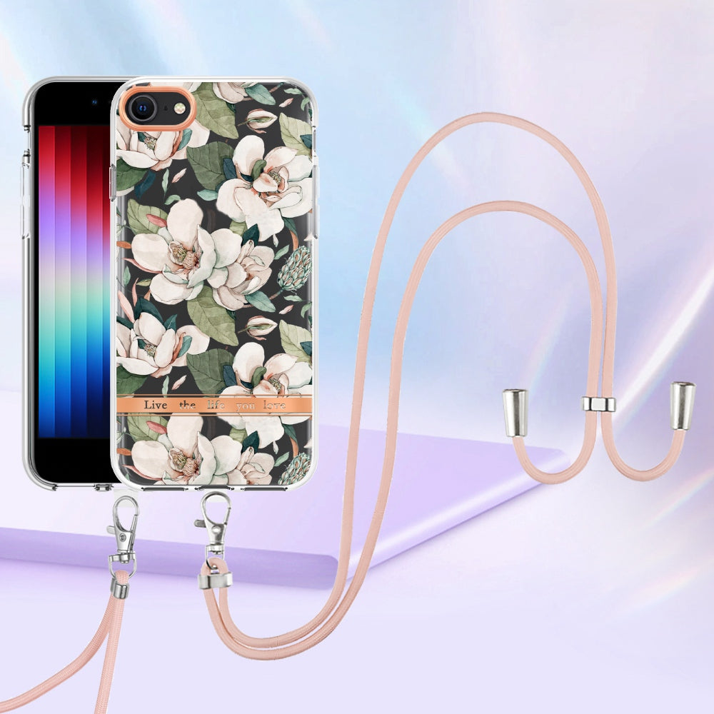 YB IMD-11 Series Phone Case for iPhone SE (2020)/SE (2022)/7/8 4.7 inch, Soft TPU IML IMD Flower Pattern Electroplating Shell with Lanyard