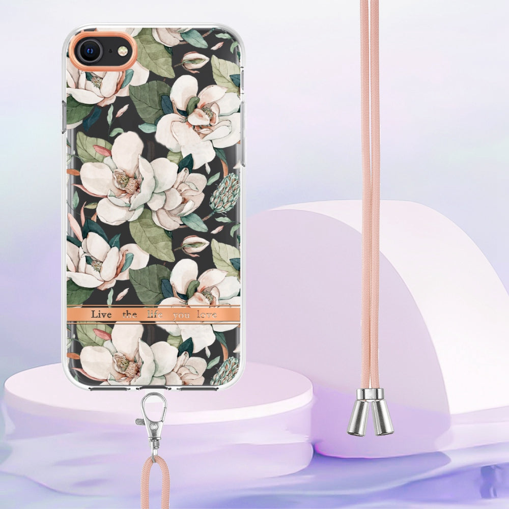 YB IMD-11 Series Phone Case for iPhone SE (2020)/SE (2022)/7/8 4.7 inch, Soft TPU IML IMD Flower Pattern Electroplating Shell with Lanyard