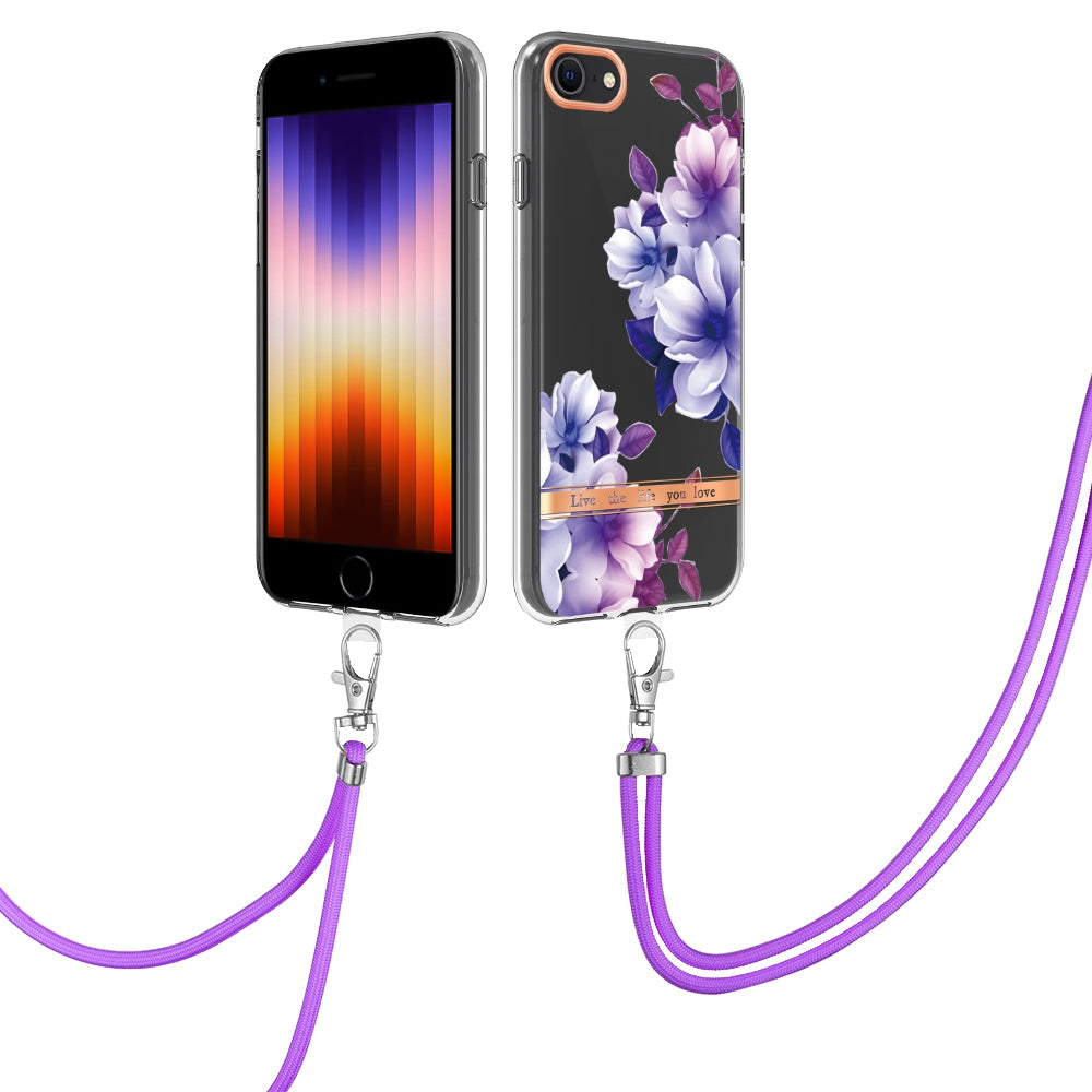 YB IMD-11 Series Phone Case for iPhone SE (2020)/SE (2022)/7/8 4.7 inch, Soft TPU IML IMD Flower Pattern Electroplating Shell with Lanyard
