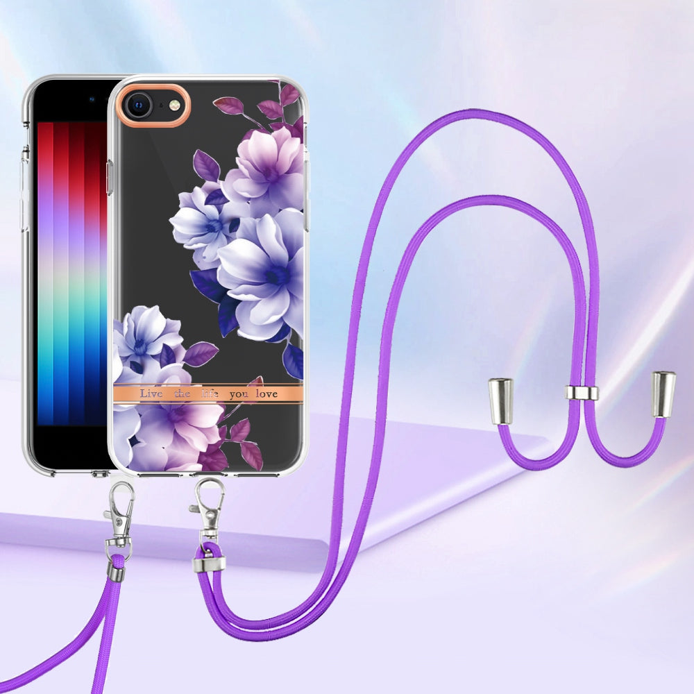 YB IMD-11 Series Phone Case for iPhone SE (2020)/SE (2022)/7/8 4.7 inch, Soft TPU IML IMD Flower Pattern Electroplating Shell with Lanyard