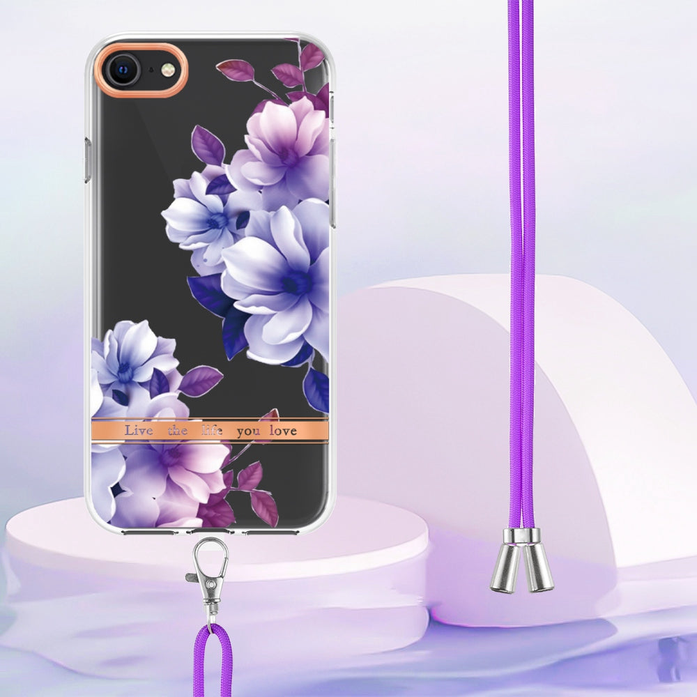 YB IMD-11 Series Phone Case for iPhone SE (2020)/SE (2022)/7/8 4.7 inch, Soft TPU IML IMD Flower Pattern Electroplating Shell with Lanyard