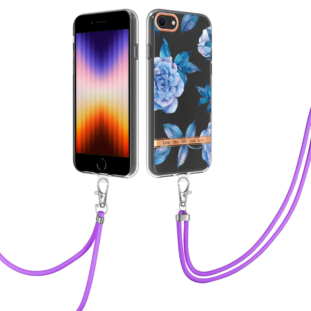 YB IMD-11 Series Phone Case for iPhone SE (2020)/SE (2022)/7/8 4.7 inch, Soft TPU IML IMD Flower Pattern Electroplating Shell with Lanyard