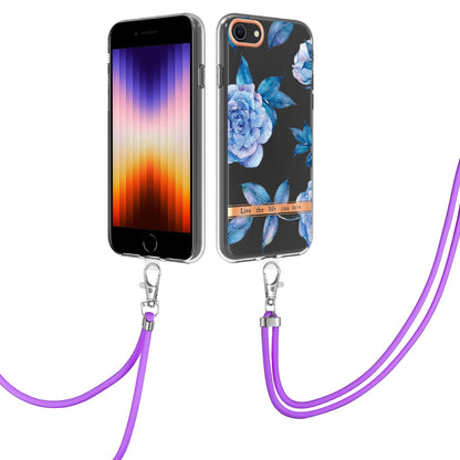 YB IMD-11 Series Phone Case for iPhone SE (2020)/SE (2022)/7/8 4.7 inch, Soft TPU IML IMD Flower Pattern Electroplating Shell with Lanyard