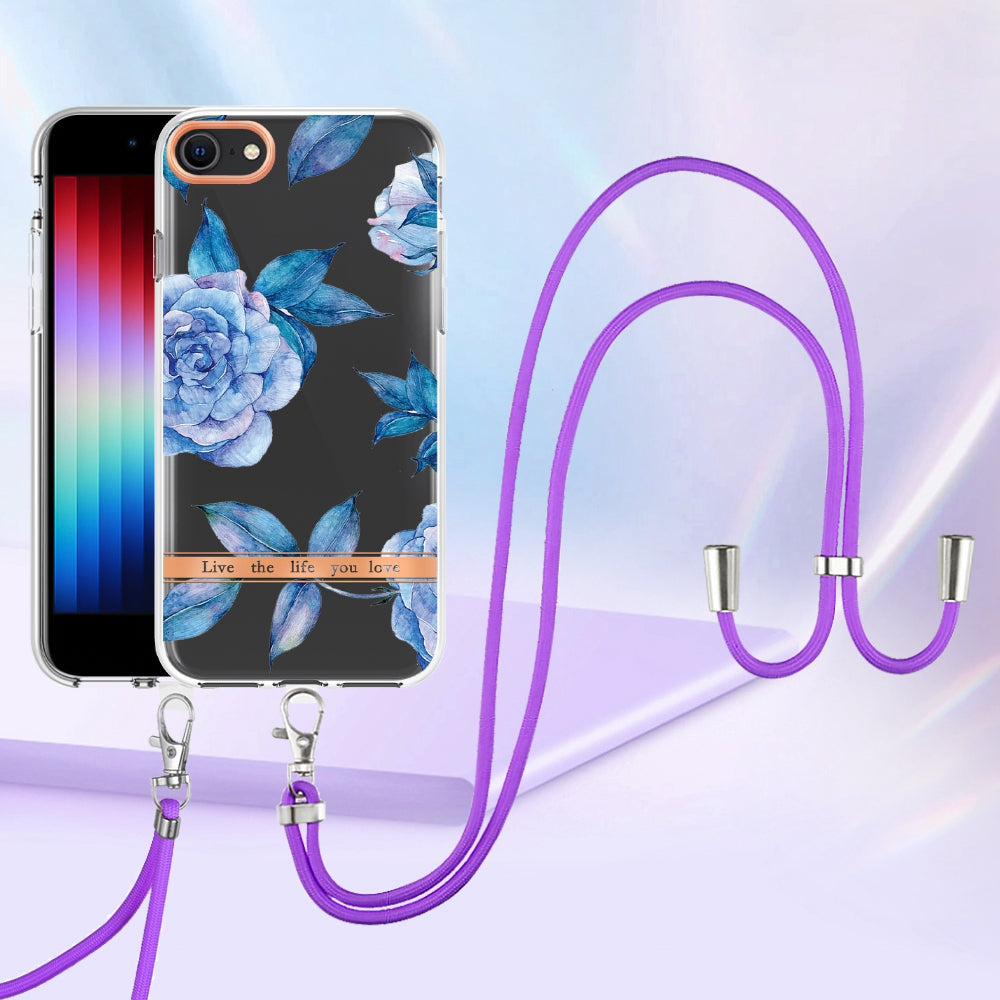 YB IMD-11 Series Phone Case for iPhone SE (2020)/SE (2022)/7/8 4.7 inch, Soft TPU IML IMD Flower Pattern Electroplating Shell with Lanyard