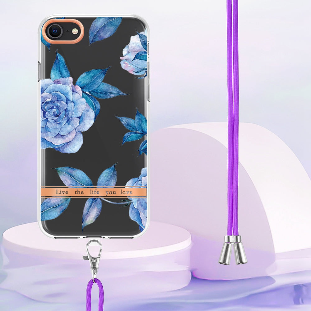 YB IMD-11 Series Phone Case for iPhone SE (2020)/SE (2022)/7/8 4.7 inch, Soft TPU IML IMD Flower Pattern Electroplating Shell with Lanyard