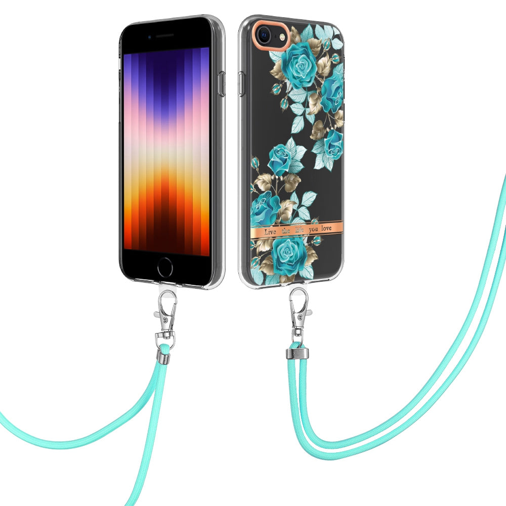 YB IMD-11 Series Phone Case for iPhone SE (2020)/SE (2022)/7/8 4.7 inch, Soft TPU IML IMD Flower Pattern Electroplating Shell with Lanyard