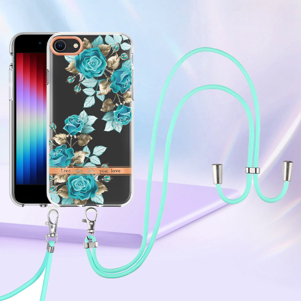 YB IMD-11 Series Phone Case for iPhone SE (2020)/SE (2022)/7/8 4.7 inch, Soft TPU IML IMD Flower Pattern Electroplating Shell with Lanyard