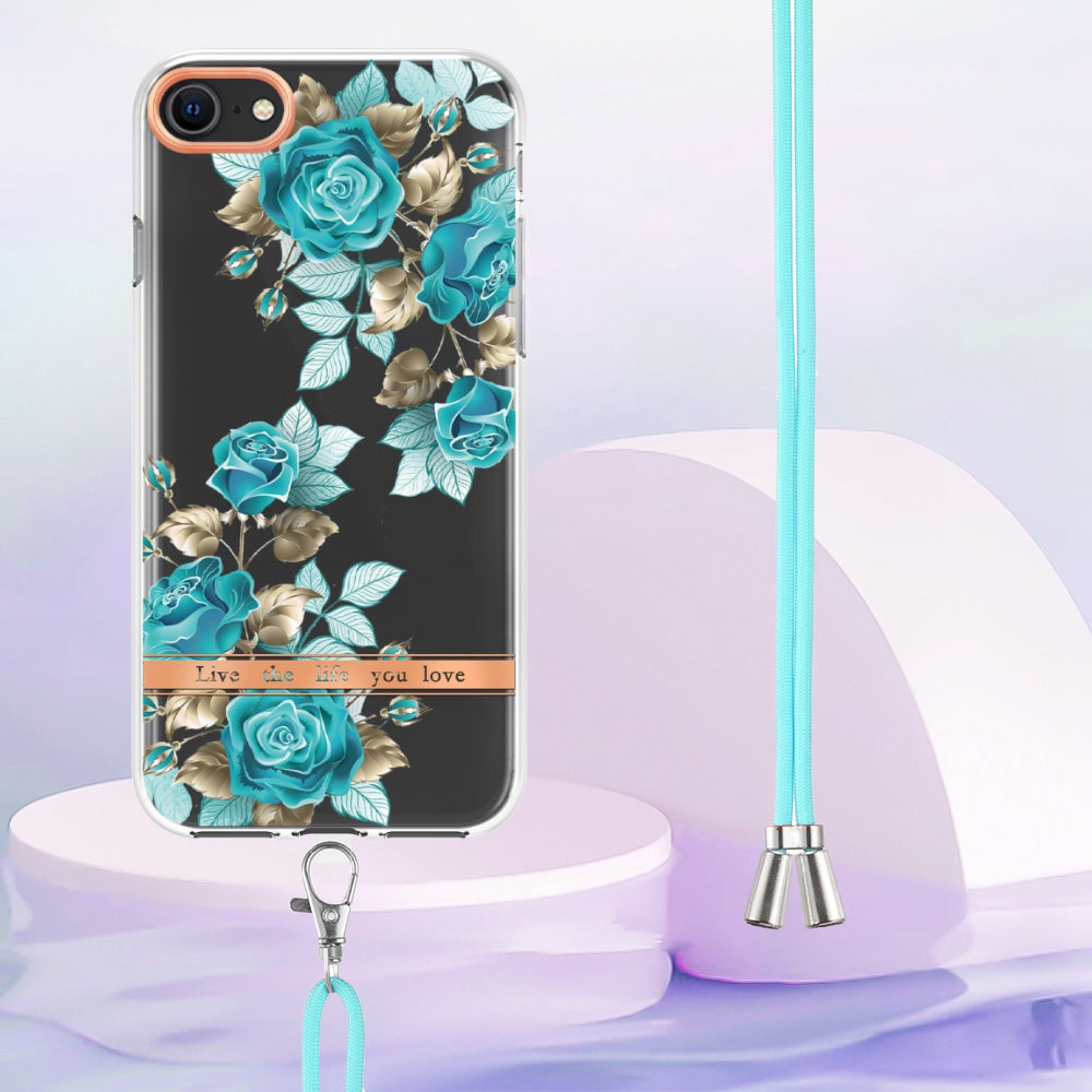 YB IMD-11 Series Phone Case for iPhone SE (2020)/SE (2022)/7/8 4.7 inch, Soft TPU IML IMD Flower Pattern Electroplating Shell with Lanyard