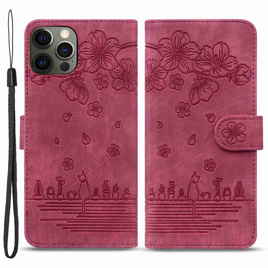 For iPhone 13 Pro 6.1 inch Shockproof Flip Case Phone Wallet Cherry Blossom Cat Imprinted PU Leather Stand Cover with Strap Card Holder