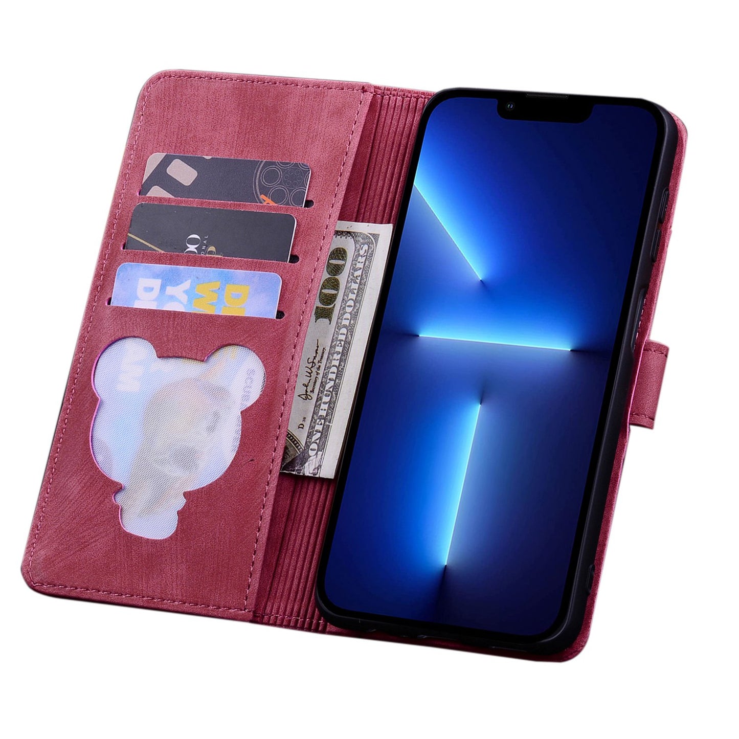For iPhone 13 Pro 6.1 inch Shockproof Flip Case Phone Wallet Cherry Blossom Cat Imprinted PU Leather Stand Cover with Strap Card Holder