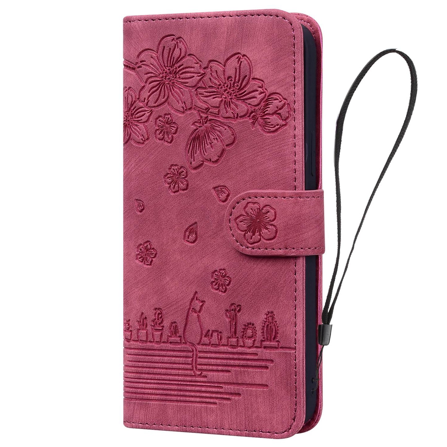 For iPhone 13 Pro 6.1 inch Shockproof Flip Case Phone Wallet Cherry Blossom Cat Imprinted PU Leather Stand Cover with Strap Card Holder
