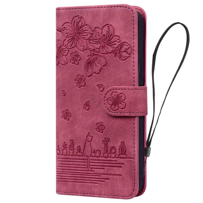 For iPhone 13 Pro 6.1 inch Shockproof Flip Case Phone Wallet Cherry Blossom Cat Imprinted PU Leather Stand Cover with Strap Card Holder